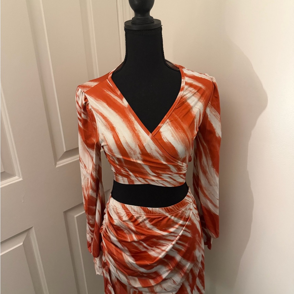 Orange and White Tie-Dye Wrap Skirt Set
